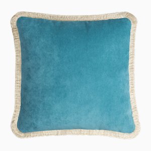 Housse de Coussin Happy en Velours Bleu Clair à Franges Blanc Sale par Lorenza Briola