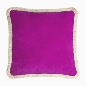 Happy Cushion Cover in Velvet Fuchsia with Dirty White Fringes by Lorenza Briola