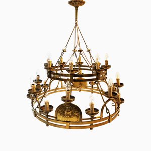 Large Art Deco Double Brass-Bronze Chandelier with Angels, 1930s