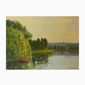 Roger Delapierre, Post-Impressionist River Landscape, 1989, Oil on Canvas, Framed