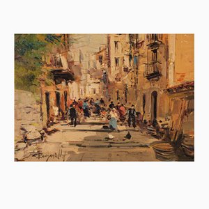 Ciro Canzanella, Scena di strada impressionista in Italia, XX secolo, Olio su tavola, In cornice