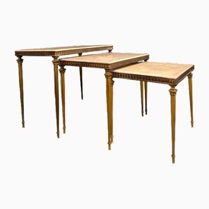 Tables Gigognes en Marbre Blanc et Laiton, Set de 3