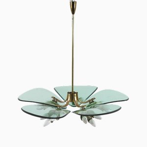 Lampe à Suspension en Laiton et Cristal Courbé par P. Chiesa pour Fontana Arte, Italie, 1950s