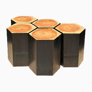 Hexagonal Stools in Two-Tone Suar, Set of 5