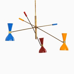 Italian Adjustable Three-Arm Triennale Style Chandelier, Brass Patinated