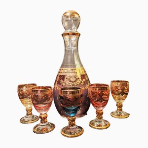 Baroque Venetian Bottle and Glasses in Glass with Gold Trim, Venice, Italy, 1950s, Set of 6