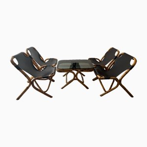 Leather and Bamboo Sling Chairs and Bamboo Coffee Table, Set of 5