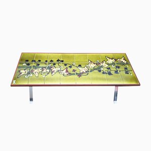 Mid-Century Coffee Table with Chrome-Plated Strip Steel Frame with Green-Ground Tile Top with Colored Floral Motif by Mori, 1960s