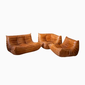 Poltrone angolari Togo in pelle di pino e divano a due posti di Michel Ducaroy per Ligne Roset, set di 3