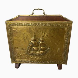 French Magazine Rack with Embossed Brass & Wood Representing Spanish Galleons, 1960s