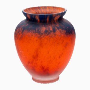 Acid Etched Enameled Marble Glass Vase from La Rochère, 1920s