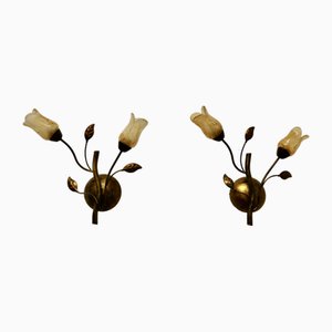 French Art Deco Amber Glass and Toleware Gilded Wall Lights, 1960s, Set of 2