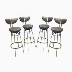Mid-Century Leather and Steel Bar Stools, 1950s, Set of 4