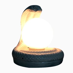 Vintage White Cobra Snake Lamp in Ceramic and Opaline Globe, 1980s