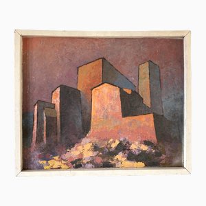 Jaume Rocamora, Brutalistische Architekturlandschaft, Öl an Bord, 20. Jh.