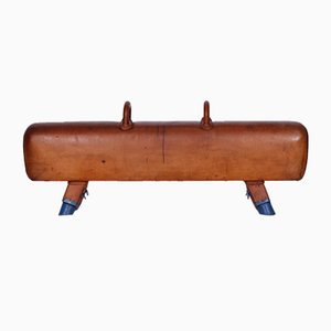 Panca da ginnastica in pelle di cavallo con manici in legno, anni '30