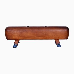 Gymnastics Pommel Horse Leather Bench with Wooden Handles, 1930s