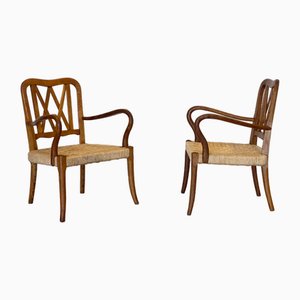 Set of Oak and Straw Armchairs, 1940s