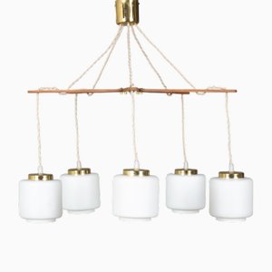 Pendant Light with 5 Lights in Teak & Opaline, 1950s