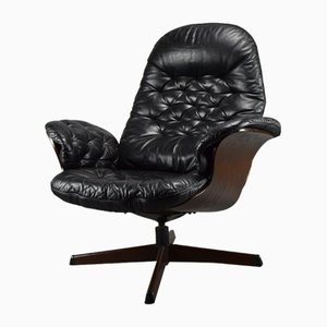 Poltrona Mid-Century moderna girevole in pelle nera di Göte Möbler, Svezia, anni '70