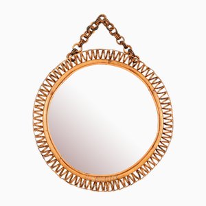 French Riviera Round Mirror in Spiral Rattan, Wicker and Bamboo, Italy, 1960s