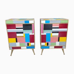 Mesitas de noche de madera y cristal de Murano, años 80. Juego de 2