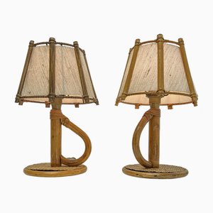 French Bamboo and Rattan Table Lamps by Louis Sognot, 1960s, Set of 2