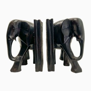 Serre-Livres Éléphant Antique en Bois Sculpté à la Main, 1940s, Set de 2