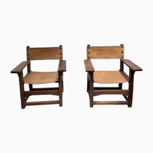 Set of Leather and Walnut Armchairs, 1950s