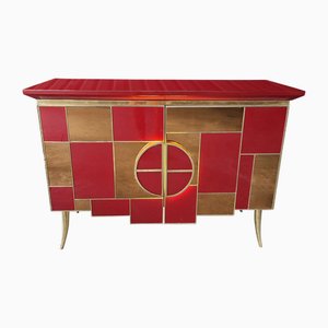 Credenza a due ante luminose in vetro rosso bordeaux e specchio, anni '80