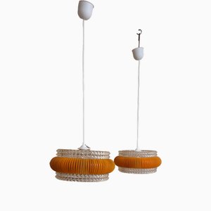 Vintage Deckenlampen mit transparentem Kunststoffschirm mit orangefarbenem Skalenband, 1970er, 2er Set