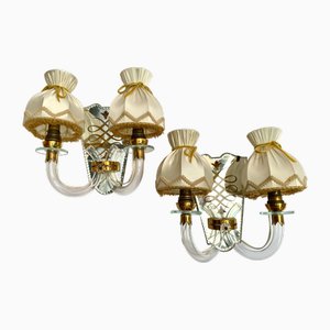 Art Deco Mirrored Brass Wall Sconces with Textile Shades, Italy, 1920s, Set of 2