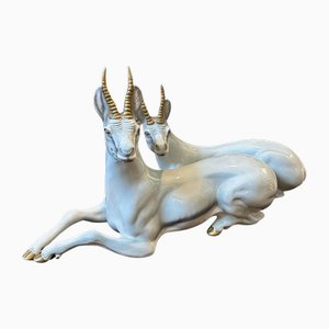 Hand-Painted Ceramic Figure of Two Sitting Antelope from Ronzan, 1950s, Set of 2