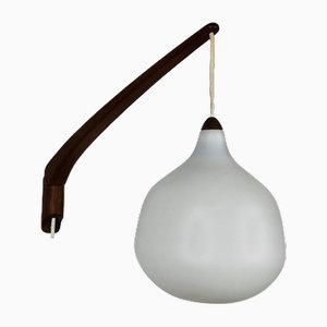 Teak and Opaline Glass Wall Lamp attributed to Uno & Östen Kristiansson for Luxus Sweden, 1960s