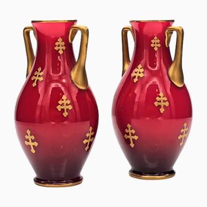 Vases Balustre Rouge Baccarat à Décor Doré, 1880s, Set de 2