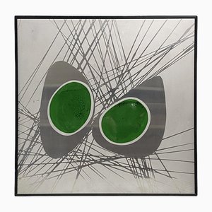 Dutch Etched Metal Abstract Artwork with Green Enamel, 1970s