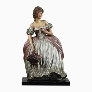 Woman Girl with Basket of Flowers Ceramic Cacciapuoti Sculpture