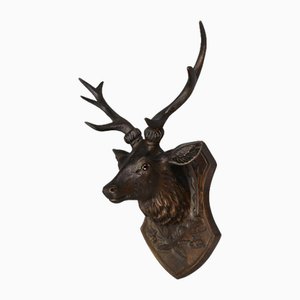 Tête de Cerf Antique en Bois Sculpté à la Main avec Yeux en Verre, Allemagne, 1920s