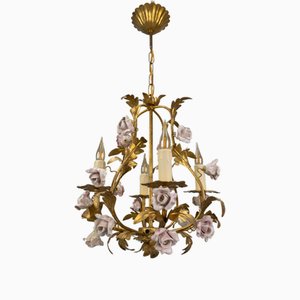 Lustre Style Hollywood Regency Roses en Métal Doré et Porcelaine Rose, Italie, 1970s