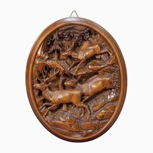 Plaque en Bois Sculpté avec Cerf, 1900s