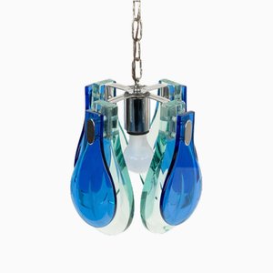 Lampadario Mid-Century in vetro blu e verde e metallo cromato attribuito a Cristal Arte, Italia, anni '60