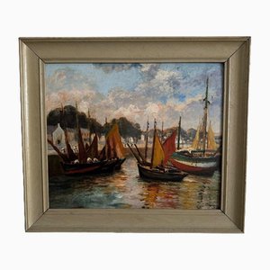 Henri Malfroy Savigny, Port de Pêche, Huile sur Carton, Encadrée
