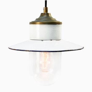 Lámpara colgante industrial vintage de esmalte blanco, latón, porcelana y vidrio transparente