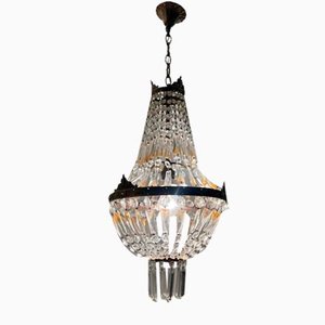 Vintage Bronze Crystal Basket Chandelier, 1960s