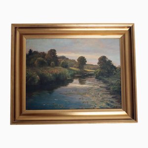 Victor Puhonny, German Landscape with River, 1890s, Oil on Canvas, Framed