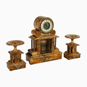 Triptych Clock in Yellow Marble and Gilded Bronze, Set of 3