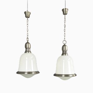 Lampes à Suspension Mid-Century Moderne en Verre Opalin et Métal, Italie, 1960s, Set de 2