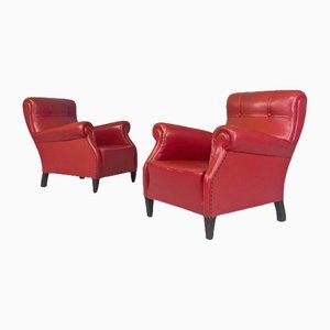 Moderne italienische Mid-Century Ledersessel mit Gestell aus rotem Holz, 1940er, 2er Set