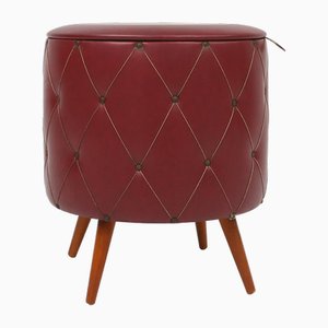 Vintage Pouf mit Aufbewahrung aus Dunkelrotem Kunstleder, 1950