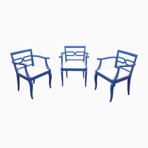Antique Blue & Leather Chairs, 1920s, Set of 3